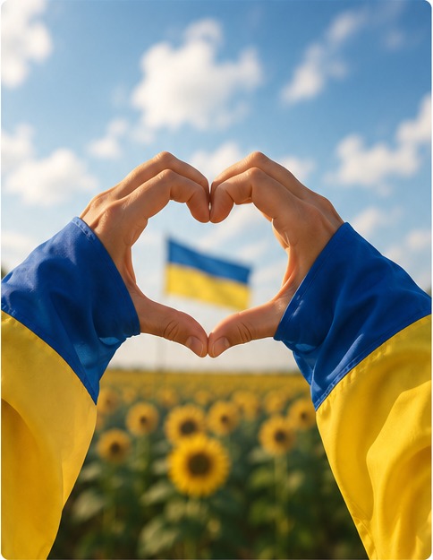 Hands making a heart near Ukrainian flag